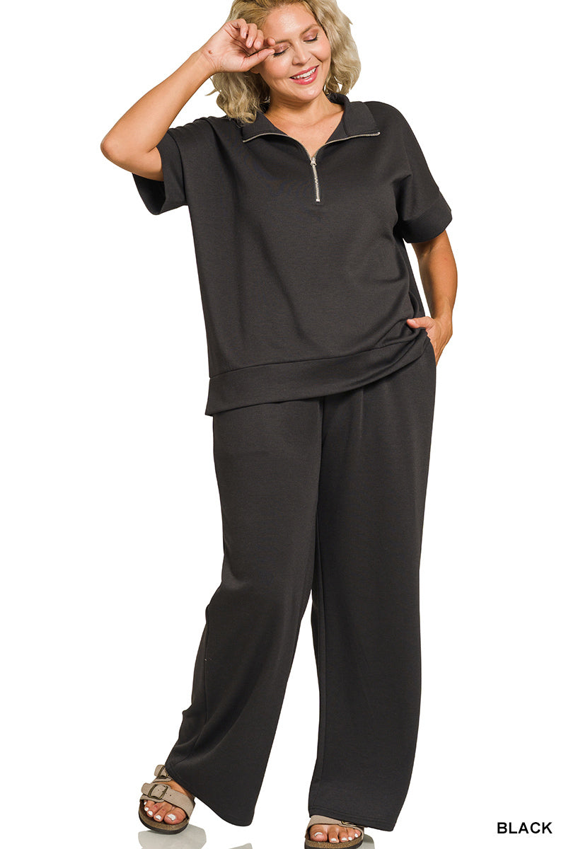 ZENANA PLUS SCUBA HIGH NECK HALF ZIP TOP & PANTS SET- BLACK