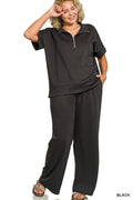 ZENANA PLUS SCUBA HIGH NECK HALF ZIP TOP & PANTS SET- BLACK