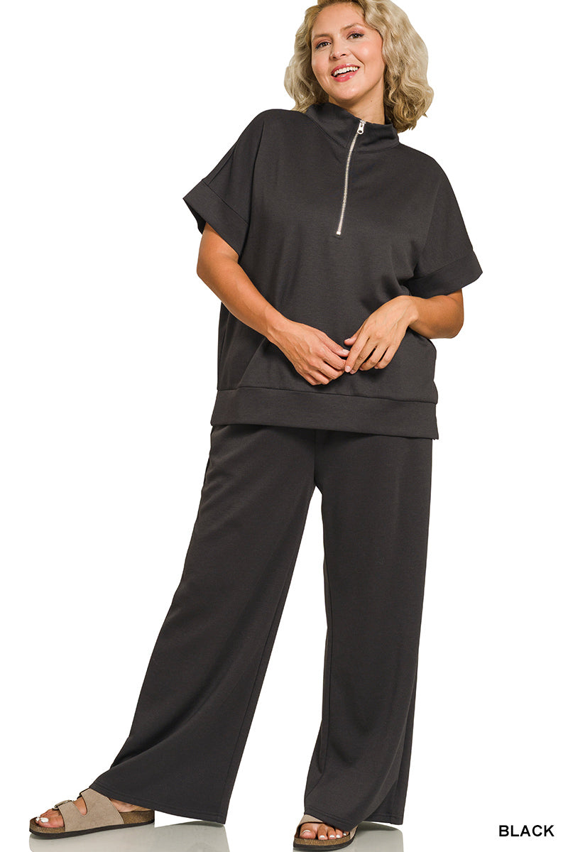 ZENANA PLUS SCUBA HIGH NECK HALF ZIP TOP & PANTS SET- BLACK