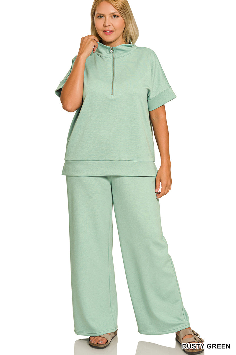 ZENANA PLUS SCUBA HIGH NECK HALF ZIP TOP & PANTS SET- DUSTY GREEN
