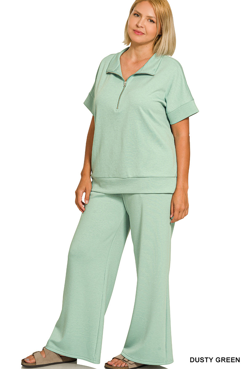 ZENANA PLUS SCUBA HIGH NECK HALF ZIP TOP & PANTS SET- DUSTY GREEN