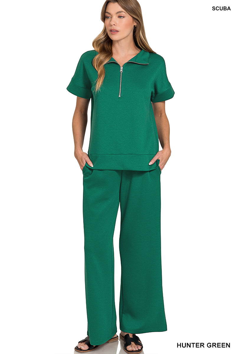 ZENANA SCUBA HIGH NECK HALF ZIP TOP & PANTS SET- HUNTER GREEN