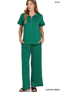 ZENANA SCUBA HIGH NECK HALF ZIP TOP & PANTS SET- HUNTER GREEN