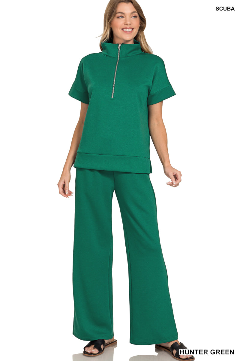 ZENANA SCUBA HIGH NECK HALF ZIP TOP & PANTS SET- HUNTER GREEN
