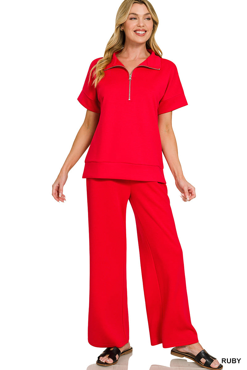 ZENANA SCUBA HIGH NECK HALF ZIP TOP & PANTS SET- RUBY