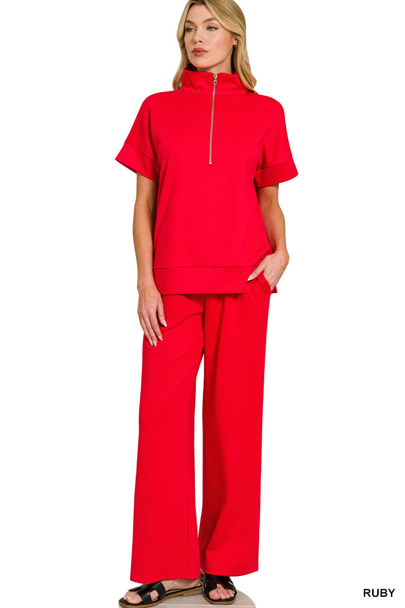 ZENANA SCUBA HIGH NECK HALF ZIP TOP & PANTS SET- RUBY