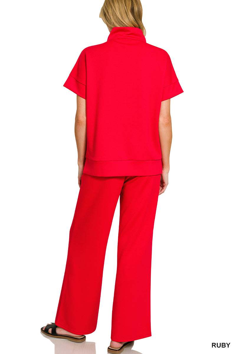 ZENANA SCUBA HIGH NECK HALF ZIP TOP & PANTS SET- RUBY