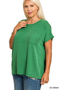 ZENANA PLUS RAISED RIB FRONT POCKET BOXY TOP- DARK GREEN
