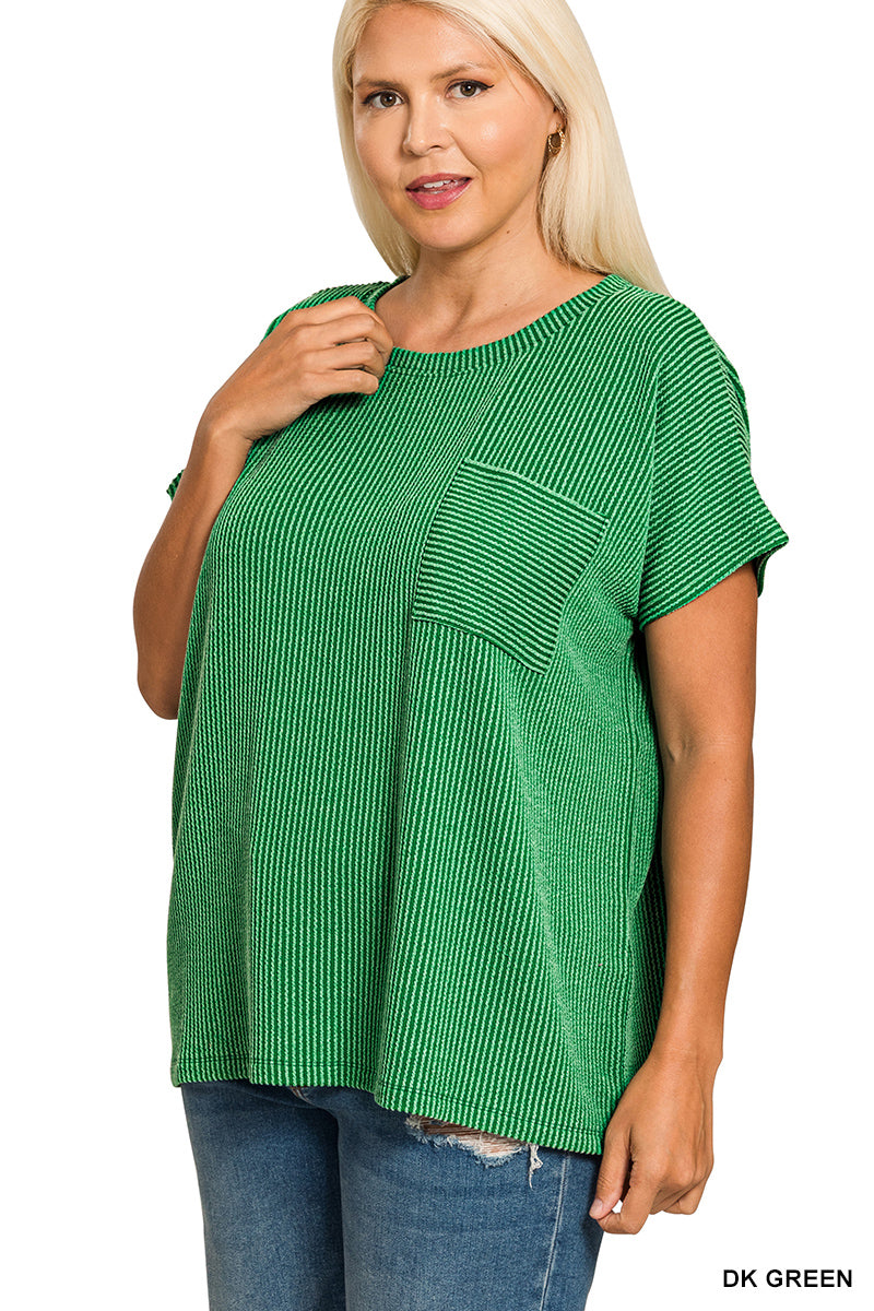 ZENANA PLUS RAISED RIB FRONT POCKET BOXY TOP- DARK GREEN