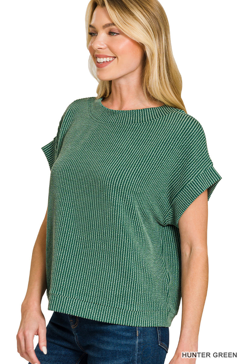 ZENANA RAISED RIB CAP SLEEVE TOP- HUNTER GREEN