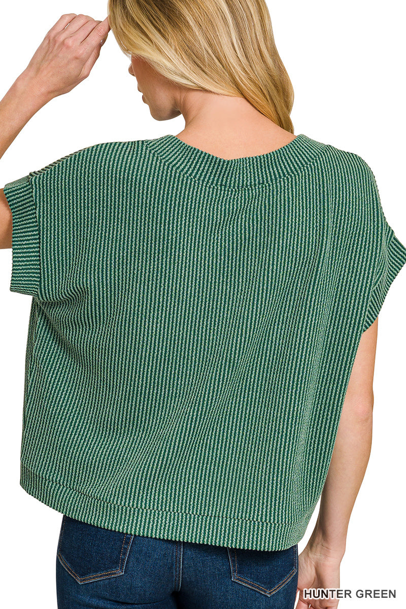 ZENANA RAISED RIB CAP SLEEVE TOP- HUNTER GREEN