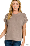 ZENANA RAISED RIB CAP SLEEVE TOP- MOCHA