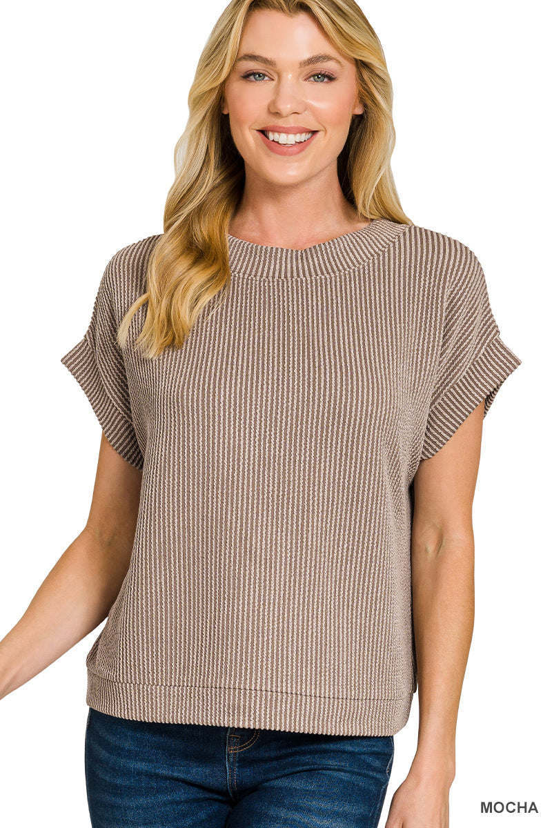 ZENANA RAISED RIB CAP SLEEVE TOP- MOCHA
