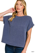 ZENANA RAISED RIB CAP SLEEVE TOP- NAVY