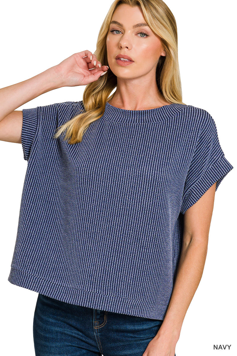 ZENANA RAISED RIB CAP SLEEVE TOP- NAVY