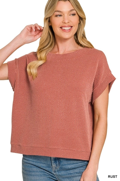ZENANA RAISED RIB CAP SLEEVE TOP- RUST