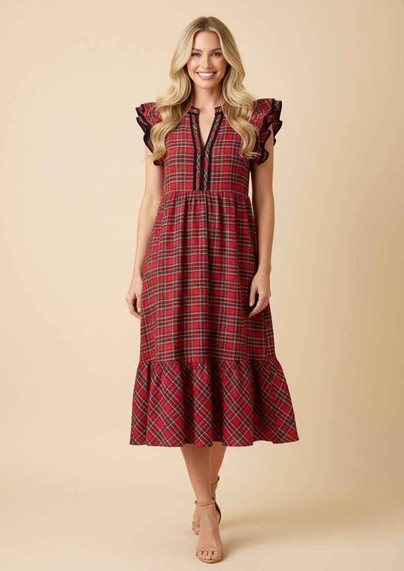 Plaid Ruffle Sleeve Tiered Midi Dress | Red