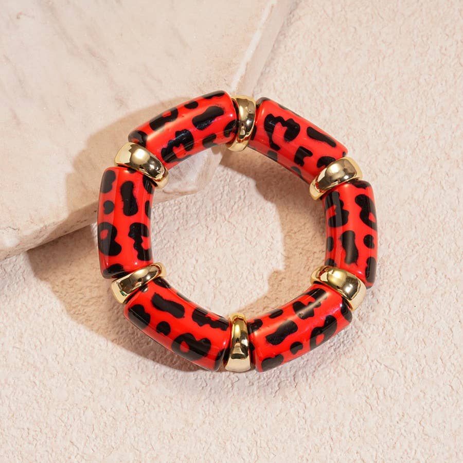 Wall to Wall by Josslyn Acrylic Leopard Animal Gold Stretch Cord Bracelet | PEACH