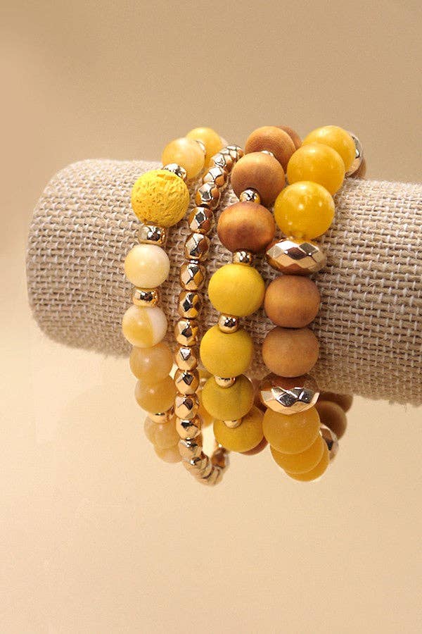 CONJUNTO DE PULSERAS ELÁSTICAS DE 4 FILAS DE MADERA Y CRISTAL CCB