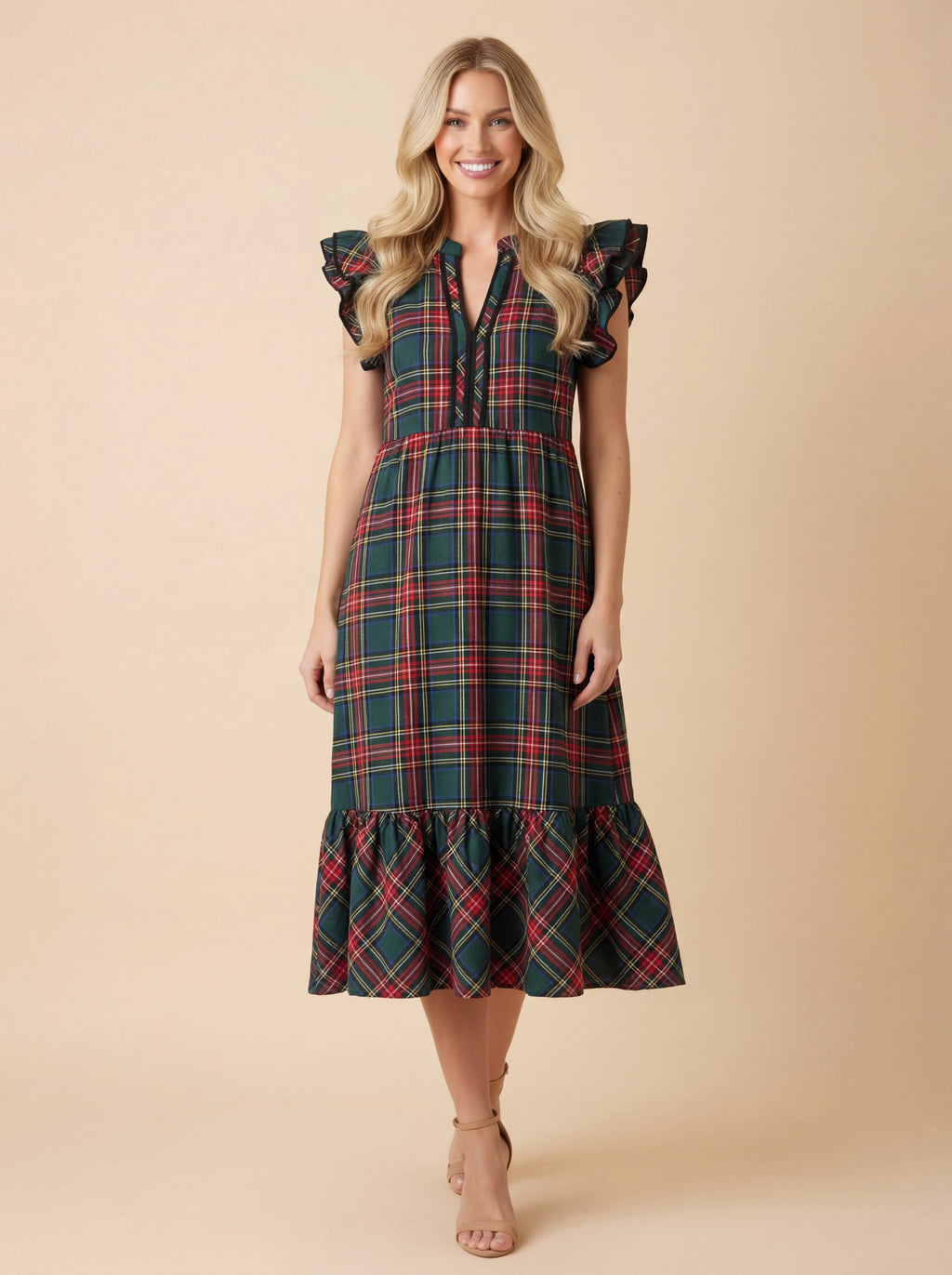 Plaid Ruffle Sleeve Tiered Midi Dress | Green