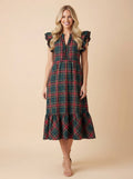 Plaid Ruffle Sleeve Tiered Midi Dress | Green
