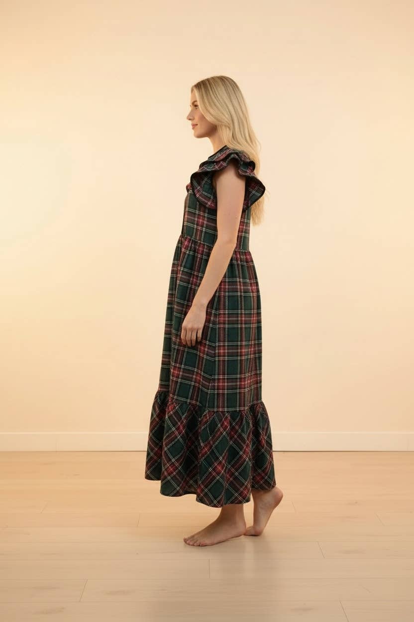 Plaid Ruffle Sleeve Tiered Midi Dress | Green